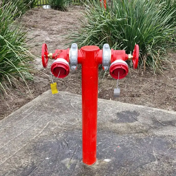 A twin-outlet hydrant on a concrete pad with a yellow tag on one outlet